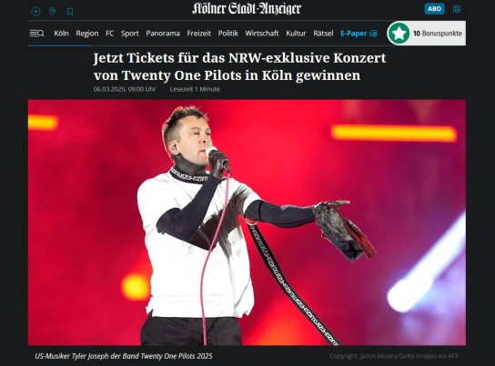 ksta - zwei Tickets für das fast ausverkaufte Konzert von Twenty One Pilots am 01. Mai 2025 in Köln in der LANXESS arena.