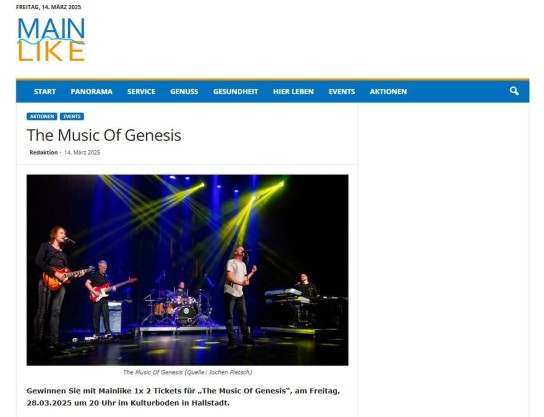 Mainlike - 1x 2 Tickets für „The Music Of Genesis“, am 28.03.2025 um 20 Uhr im Kulturboden in Hallstadt