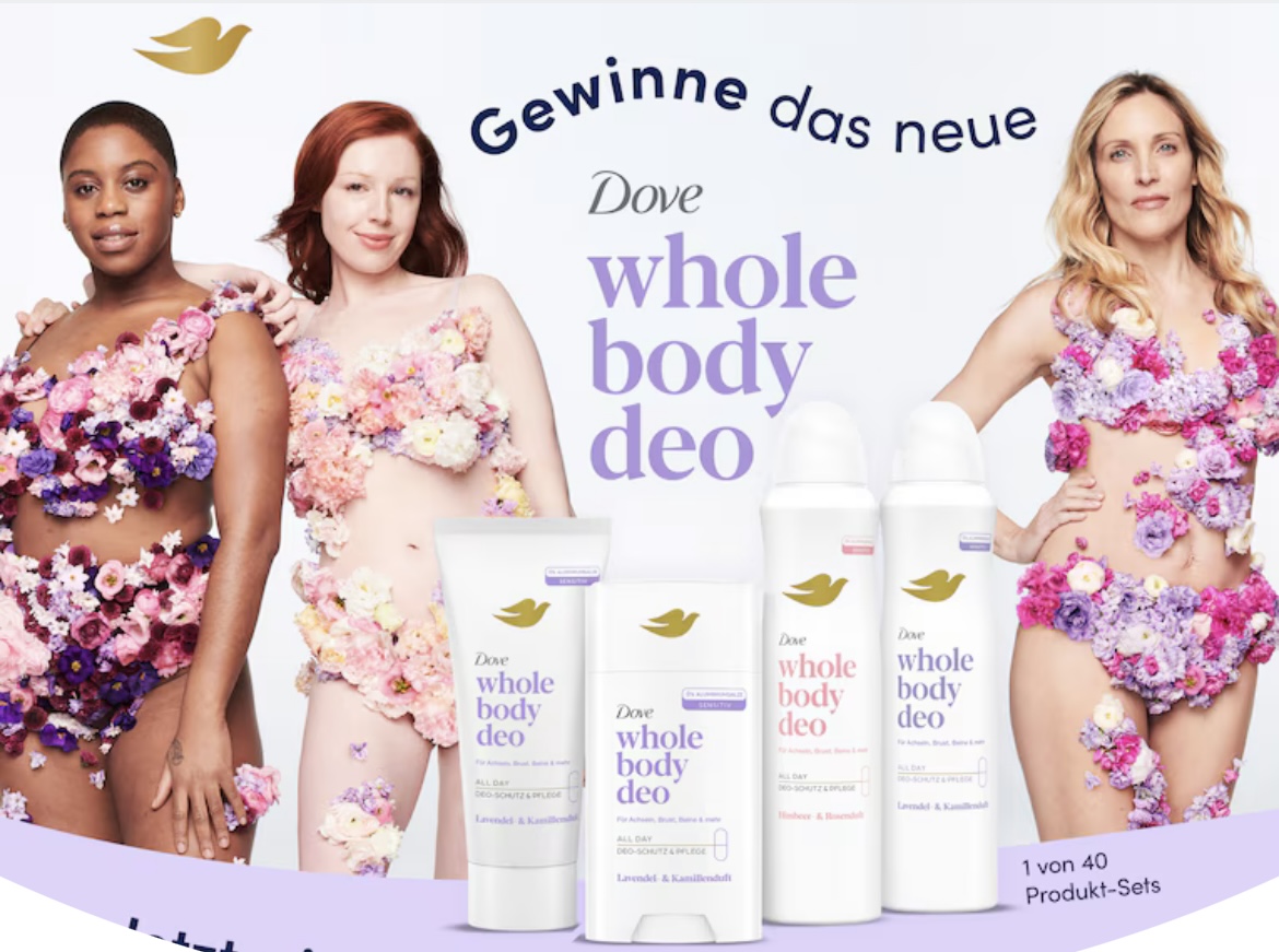 Dove - 40 x 1 Dove Whole Body 4er Deo-Set. Ein Deo-Set beinhaltet: 1 x Dove Whole Body Deo Spray Lavendel, 1 x Dove Whole Body Deo Spray Himbeer, 1 x Dove Whole Body Deo Stick Lavendel,