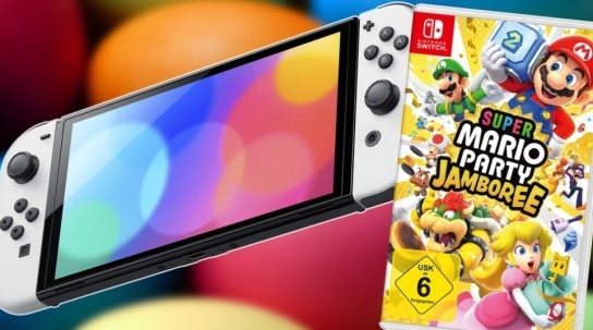 GamePro - 1x Nintendo Switch OLED, Super Mario Party Jamboree-Spiel, Fanpaket bestehend aus Super Mario Party Jamboree-Partyhüte, -Papierfähnchen & Untersetzer