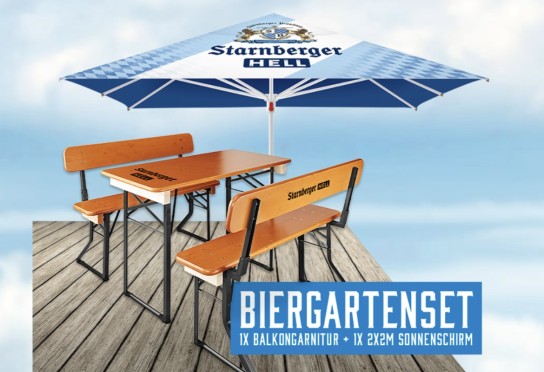 Starnberger Brauhaus - Biergartenset für zuhause besteht aus einem Sonnenschirm (2x2m) und einer Balkon-Biertischgarnitur im Starnberger Brauhaus Design