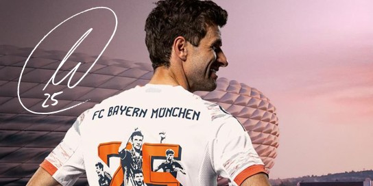 FC Bayern - 1 neues FC Bayern-Away Trikot 25/26 mit dem einzigartigen Müller-Flock und der Signatur von Thomas Müller
