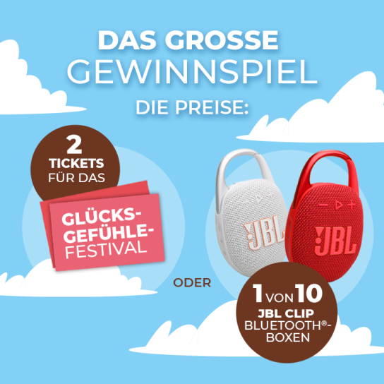 Ferrero - 2 Full Weekend Tickets (Fr. + Sa.) für das Glücksgefühle-Festival vom 11. bis 14. September 2025 am Hockenheimring und 10 JBL Clip Bluetooth®-Boxen
