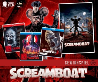 filmspleen - ein Fan-Paket bestehend aus einem „Screamboat“-Plakat und den Blu-rays „Terrifier“, „Terrifier 2“ und „Terrifier 3“.