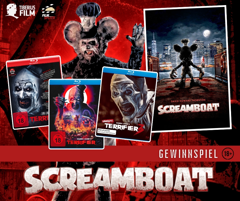 filmspleen - ein Fan-Paket bestehend aus einem „Screamboat“-Plakat und den Blu-rays „Terrifier“, „Terrifier 2“ und „Terrifier 3“.