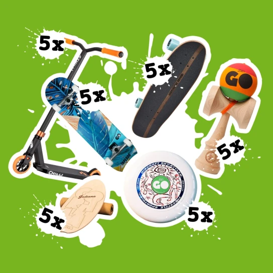 GORILLA - 5 GORILLA Skateboards, 5 Indiana Skateboard Cruiser, 5 GORILLA Indiana Balance Boards, 5 Chilli Stunt-Scooters, 5 GORILLA Discraft Sky Styler, 5 GORILLA Kendamas