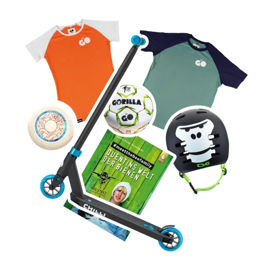 GORILLA - GORILLA Cruiser-Set – das ist drin: Chilli Scooter, TSG x GORILLA „Evolution Skate“-Helm, BeeSteez-Buch: Quentins Welt der Bienen, 2 GORILLA T-Shirts, CBB x GORILLA Freestyle-Ball, Discraft Frisbee (von 9 bis 25 Jahren)