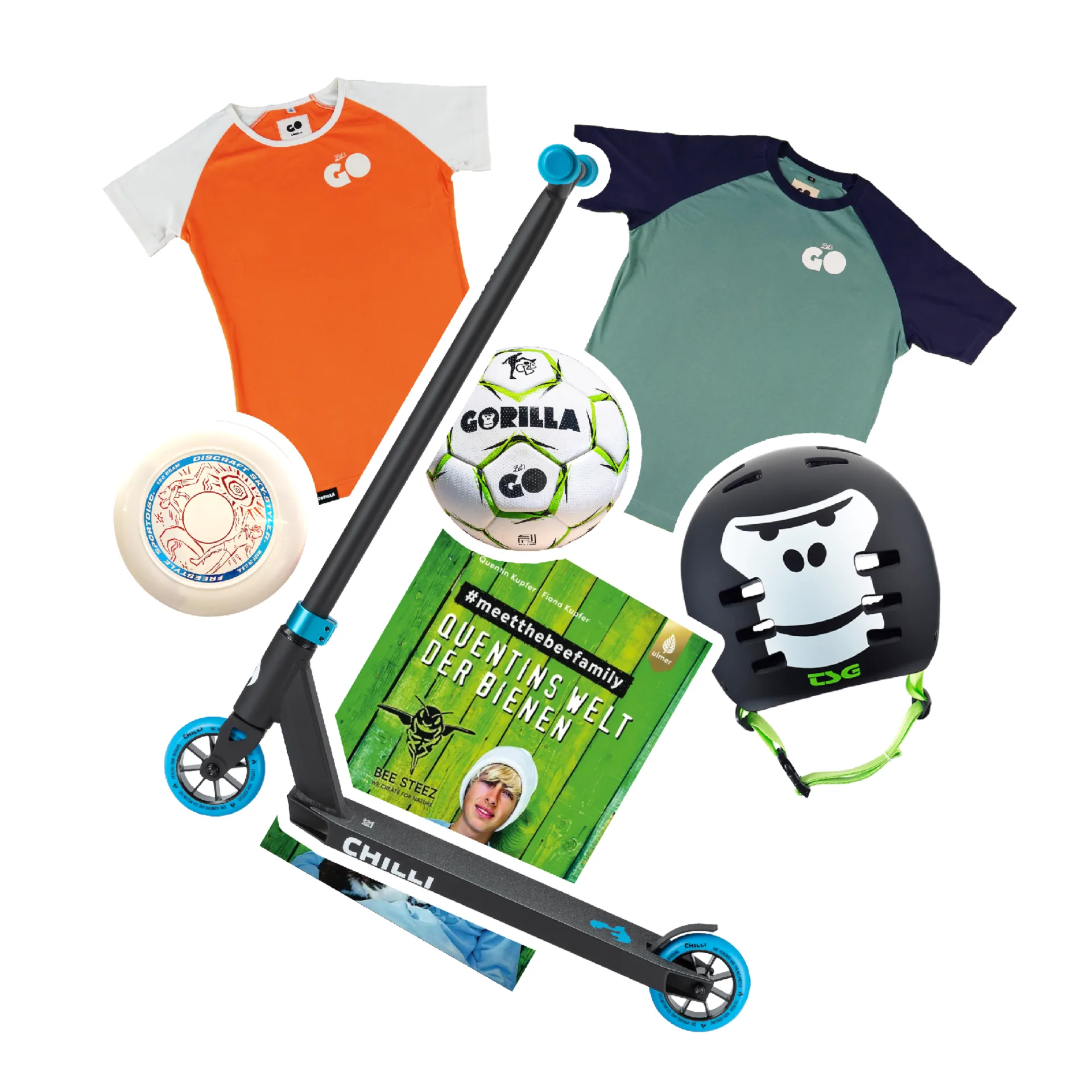 GORILLA - GORILLA Cruiser-Set – das ist drin: Chilli Scooter, TSG x GORILLA „Evolution Skate“-Helm, BeeSteez-Buch: Quentins Welt der Bienen, 2 GORILLA T-Shirts, CBB x GORILLA Freestyle-Ball, Discraft Frisbee (von 9 bis 25 Jahren)