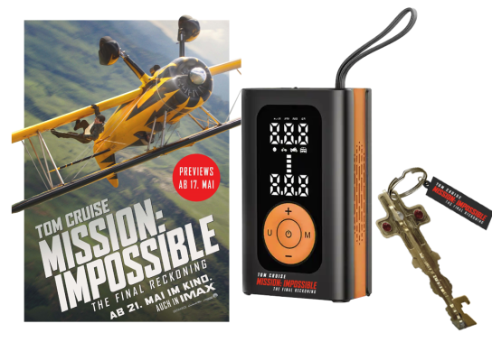oeticket - zwei Goodie-Packages zu MISSION: IMPOSSIBLE – THE FINAL RECKONING“ bestehend aus Kinogutscheinen, einem Tire Inflator und einem Schlüsselanhänger zum Film
