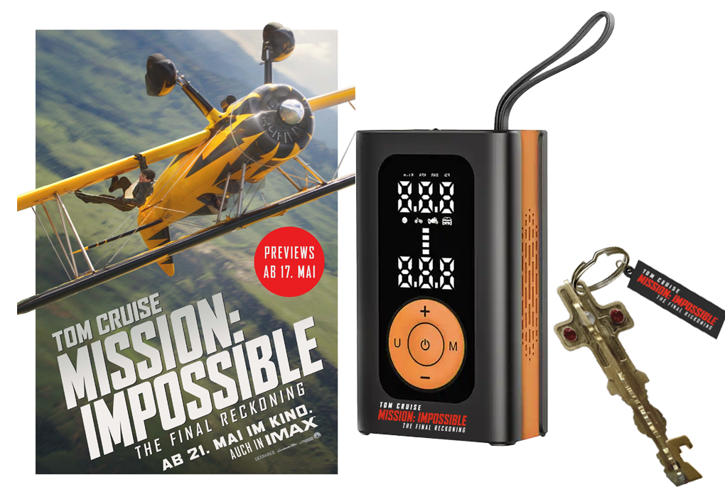 oeticket - zwei Goodie-Packages zu MISSION: IMPOSSIBLE – THE FINAL RECKONING“ bestehend aus Kinogutscheinen, einem Tire Inflator und einem Schlüsselanhänger zum Film