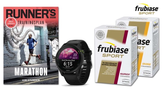 RUNNER'S WORLD - drei Marathon-Trainingspakete bestehend aus  einer Garmin Forerunner 255 Music Sportuhr,  einem Jahresvorrat an frubiase SPORT Brausetabletteneinen personalisierten Marathon-Trainingsplan
