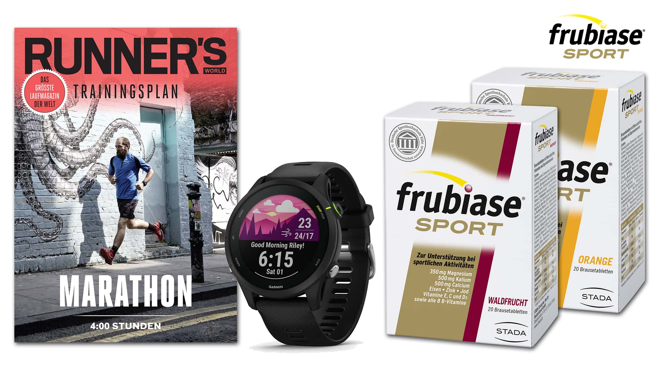RUNNER'S WORLD - drei Marathon-Trainingspakete bestehend aus  einer Garmin Forerunner 255 Music Sportuhr,  einem Jahresvorrat an frubiase SPORT Brausetabletteneinen personalisierten Marathon-Trainingsplan