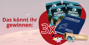 Westermann - drei Familienpakete mit je 4 Freikarten für "Grüße vom Mars", Notizbuch, Buttons mit Weltraum-Motiv, Leuchtsterne fürs Kinderzimmer und Kaleidoskop