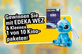 Edeka Wez - 1 von 10 Kinopaketen von Stitch 2,Ein Kinopaket enthält: 1x 50€ Kinogutschein, 1x Stitch Kuscheltier, 1x Kleenex Taschentücher.