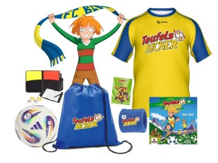 Enkelkind.de - Teufelskicker-Fußball-Sets:den original Euro 25 Miniball von Adidasein Schiedsrichter-Setein cooles Teufelskicker-Trikoteinen Teufelskicker-Matchbeutelein Teufelskicker-Schweißband