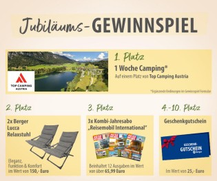 Fritz Berger - 1x 1 Woche Camping in Österreich, 2x Berger Lucca Relaxstuhl, 3x Jahresabo Reisemobil Magazin, 7x 25€ Einkaufsgutschein