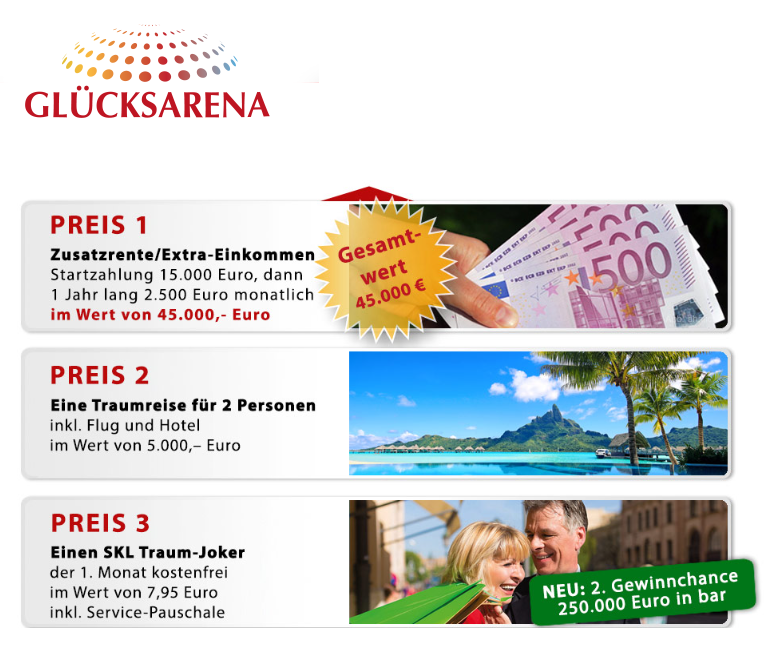 Glücksarena - 250.000 € in bar, Extra-Rente, Traumreise, garantierter Gewinn