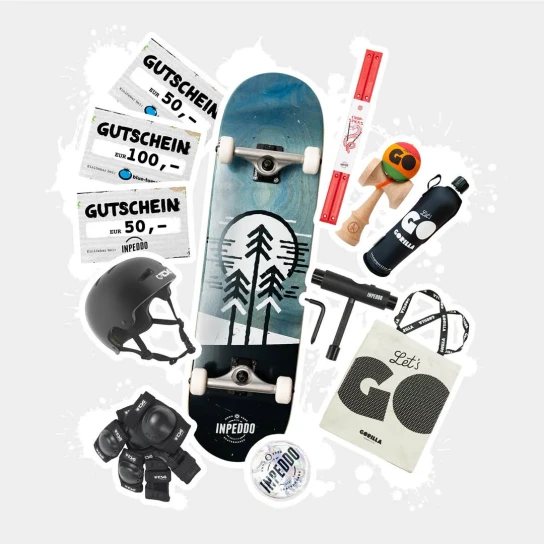 GORILLA - GORILLA Skateboard-Set – Inpeddo Streetskate Chopsticks-Rails, Helm Evolution, Schutzausrüstung uvm. (von 9 bis 25 Jahre)