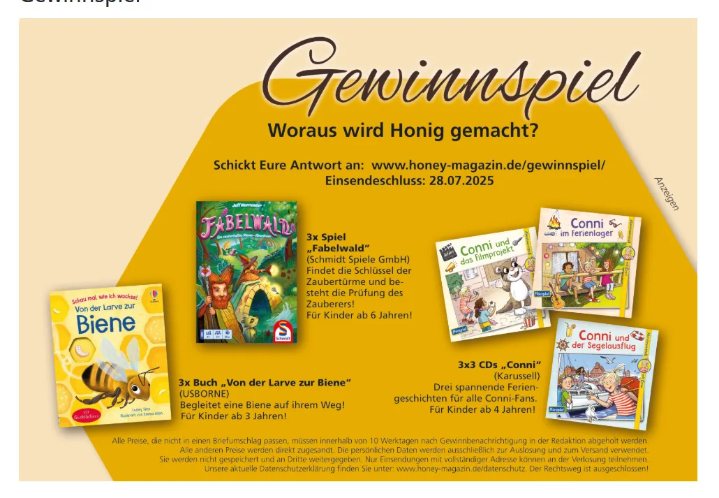 HONEY – Familienmagazin - 3 mal Buch „Von der Larve zur Biene“, 3 mal Spiel „Fabelwald“, 3 mal 3 CDs „Conni“