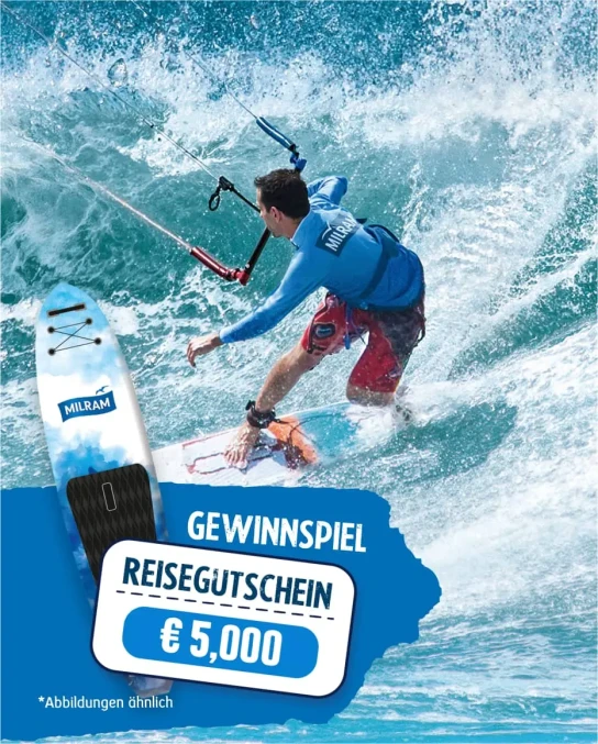 Milram -  1 x 5.000 Euro Reisegutschein, 5 x MILRAM Stand Up Paddling Boards