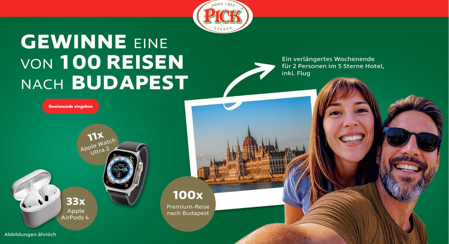 PICK  - 100 x Premium-Reise nach Budapest, 33 x Apple AirPods 4, 11 x Apple Watch Ultra 2