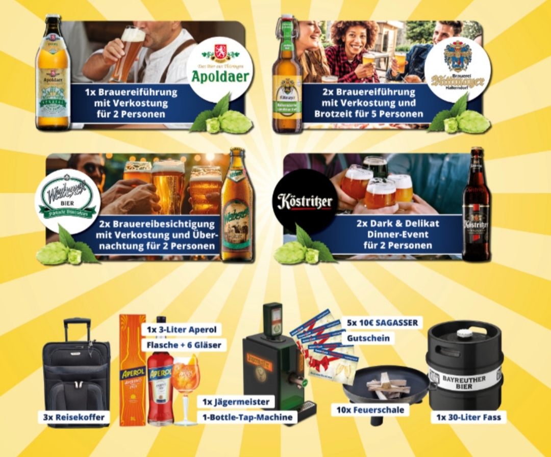 SAGASSER - 2x Brauereibesichtigung mit Verkostung und Übernachtung für 2 Personen von Weiherer Bier, 3x Reisekoffer, 1x 3-Liter Aperol Flasche + 6 Gläser und viel mehr
