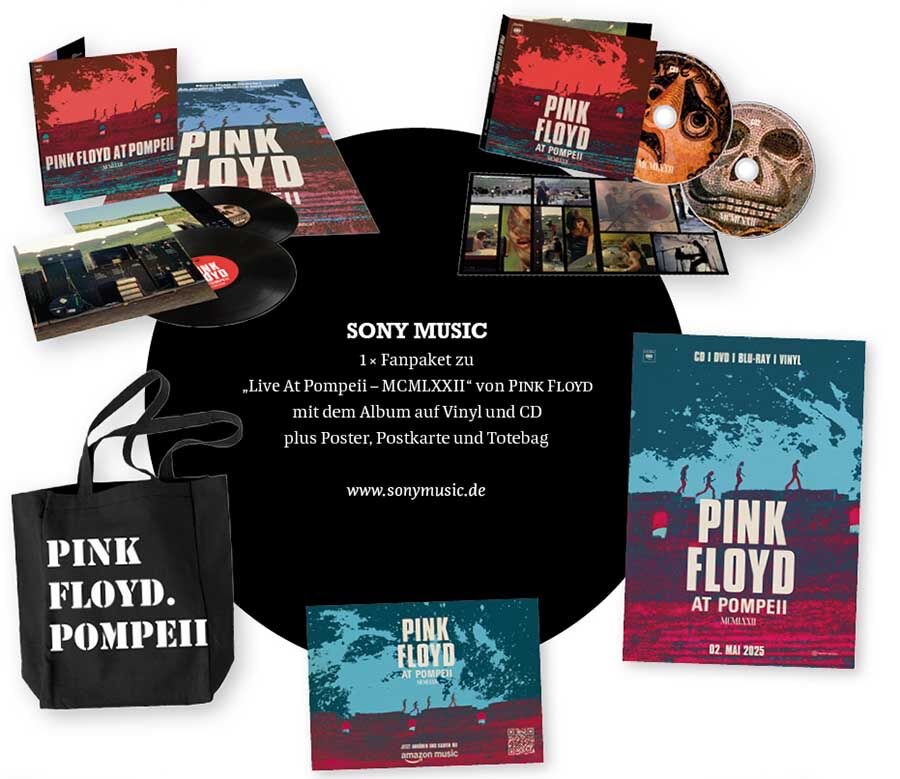 SLAM Media - 1x Fanpaket zu „Live At Pompeii - MCMLXXII" von PINK FLOYD mit dem Album auf Vinyl und CDplus Poster, Postkarte und Totebag