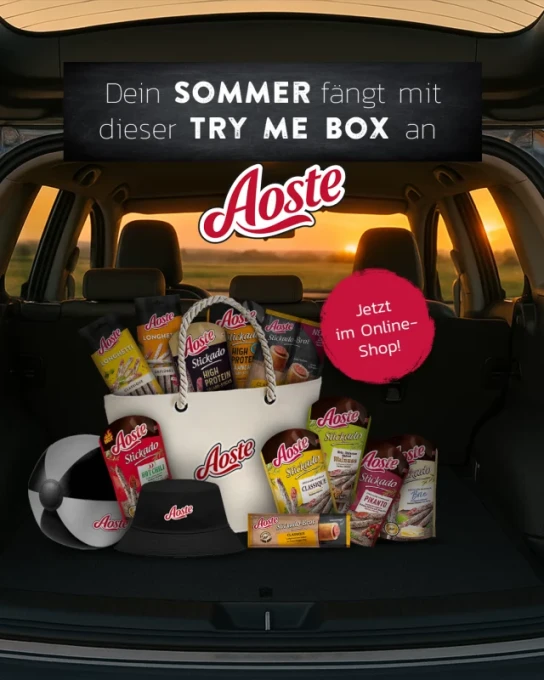 Aoste - 3 x 1 Aoste Try Me Box Summer Edition: 11 Aoste Snacks sowie ein exklusiver Aoste Wasserball, Fischerhut und eine Strandtasche.