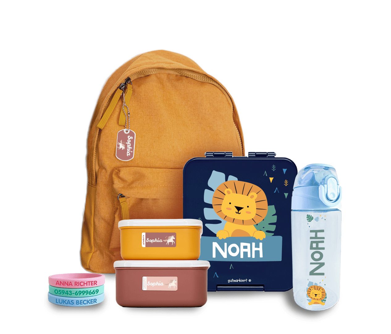Berlin mit Kind - fünf personalisierte Lunchsets bestehend aus einer Trinkflasche und Brotdose.