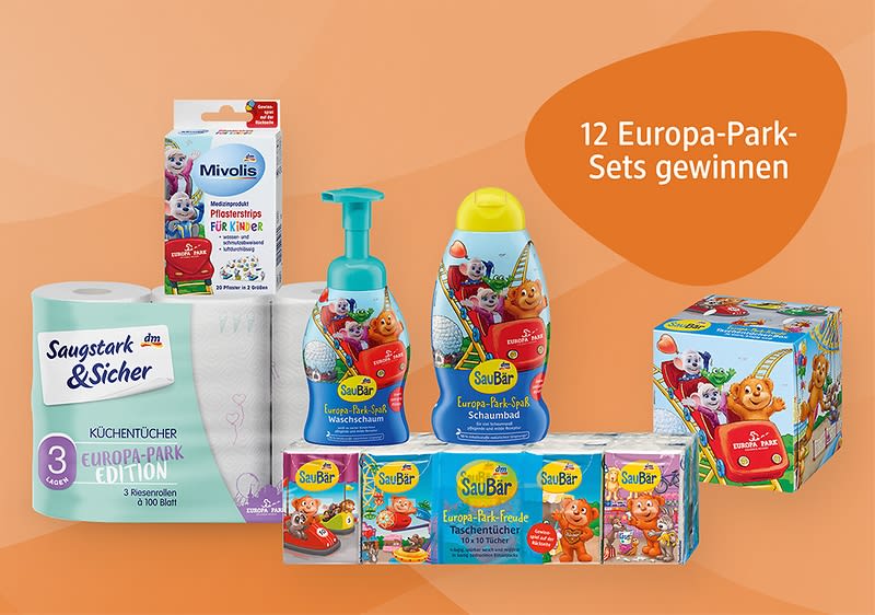 dm-drogerie markt - je zwölf Mal die Produkte der Europa-Park-EditionSauBär Schaumbad und WaschschaumSauBär Taschentücher, ob als Box oder im Pocket-Format,Saugstark&Sicher KüchentücherMivolis Kinderpflaster