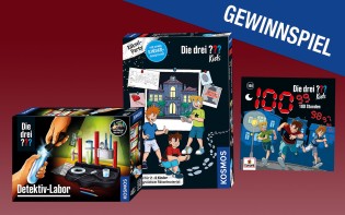 dreifragezeichen.de - 1. Platz das "Die drei ??? Detektiv-Labor" und die 100.Folge als CD, 2+3. Platz das "Die drei ??? Kids Rätselspaß" Spiel und die 100.Folge als CD