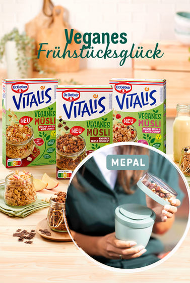 Dr.Oetker - 1 von 100 Gewinnpaketen mit 3 Sorten vegane Müsli-Knusperei + Mepal Lunchpot in grün