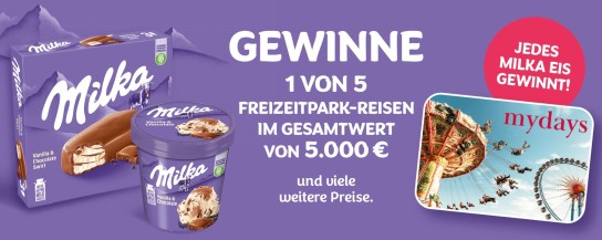 FRONERI - (Milka Eis) 5 x Freizeitpark-Kurzurlaub, 100 x mydays Gutscheine, Rabattcode