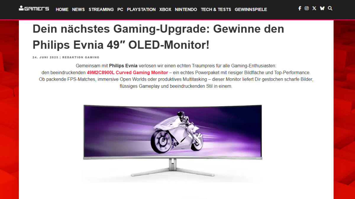Gamers.de: ein Philips Evnia 49″ OLED-Gaming-Monitor zu gewinnen