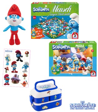 Häfft - 3 "Die Schlümpfe"-Gewinnpakte jeweils aus 2 Kinofreikarten, einer Lunchbox, Kinder-Tattoos sowie entweder einem Puzzle oder einer Plüschfigur