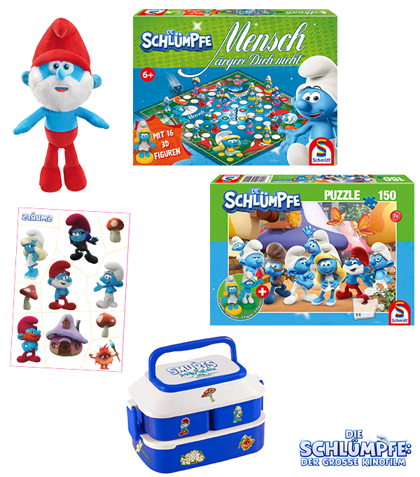 Häfft - 3 "Die Schlümpfe"-Gewinnpakte jeweils aus 2 Kinofreikarten, einer Lunchbox, Kinder-Tattoos sowie entweder einem Puzzle oder einer Plüschfigur