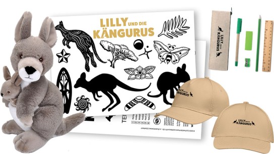 halloFamilie - Lilly und die Kängurus : drei Fanpakete, jeweils bestehend aus:  Känguru-Plüsch, Schreibset, Kappe, Tattoos