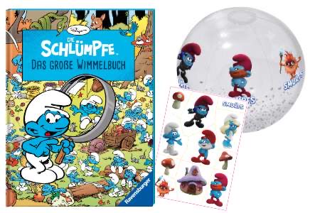 JOLLY - 3 Fanpakete mit Wasserball, Tattoo-Set und dem großen Schlümpfe-Wimmelbuch von Ravensburger