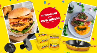 LECKER - Brat-Set: Bratpfanne + Burgerpresse + Fleischthermometer + 1kg Butaris Butterschmalz