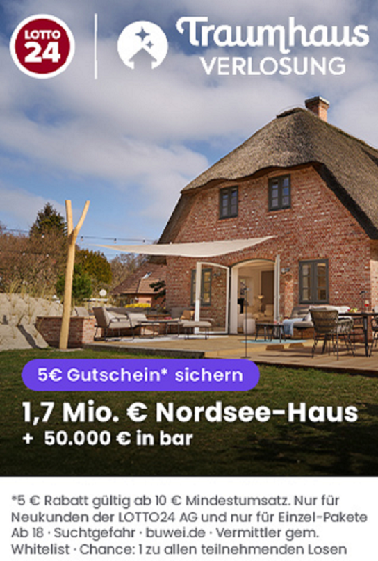 Lotto24 -  Traumhaus-Gewinnspiel: Lose sichern & exklusives Haus gewinnen!