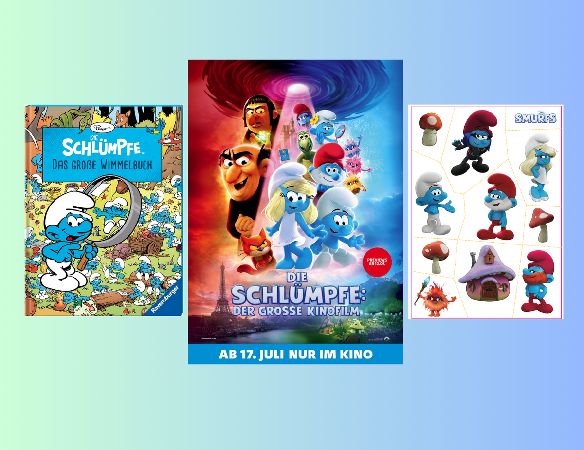 morefamily - "DIE SCHLÜMPFE: DER GROSSE KINOFILM" Fanpaket: 2 x Tattoo, 2 x Buch Die Schlümpfe – Das große Wimmelbuch von Ravensburger,2 x 2 Kinogutscheine