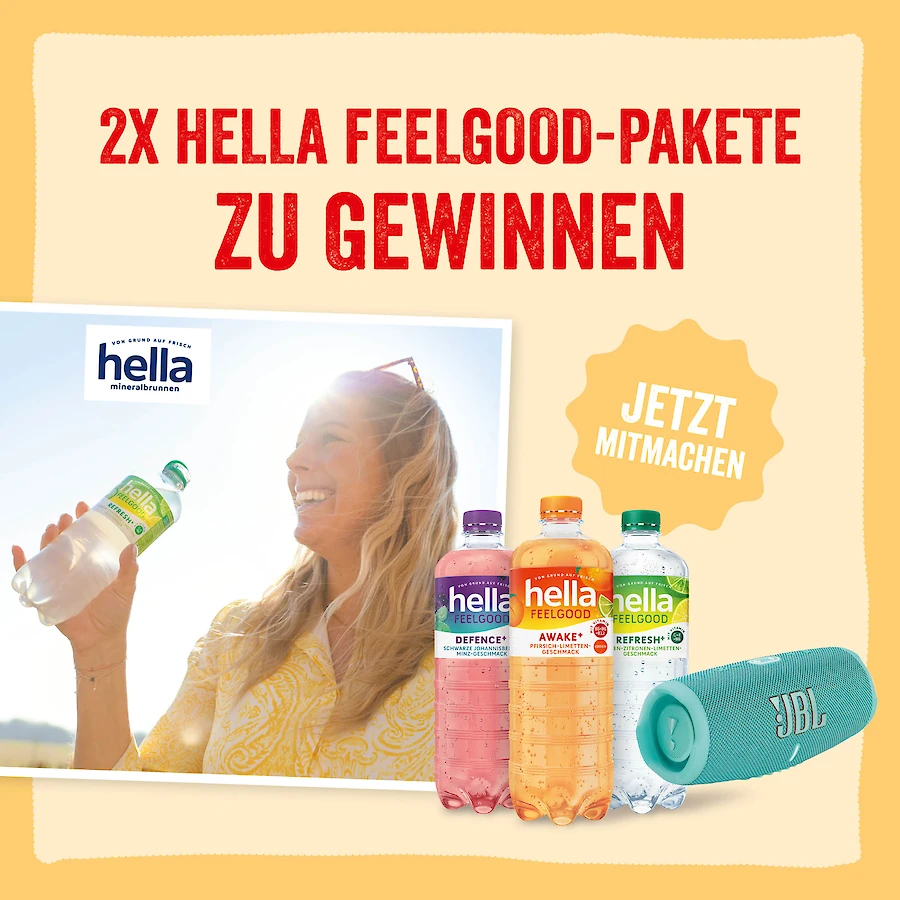 Rezepte mit Herz - 1 von 2 Probierpaketen hella FEELGOOD plus einen "JBL Charge 5" Bluetooth-Lautsprecher in der Farbe „Teal“