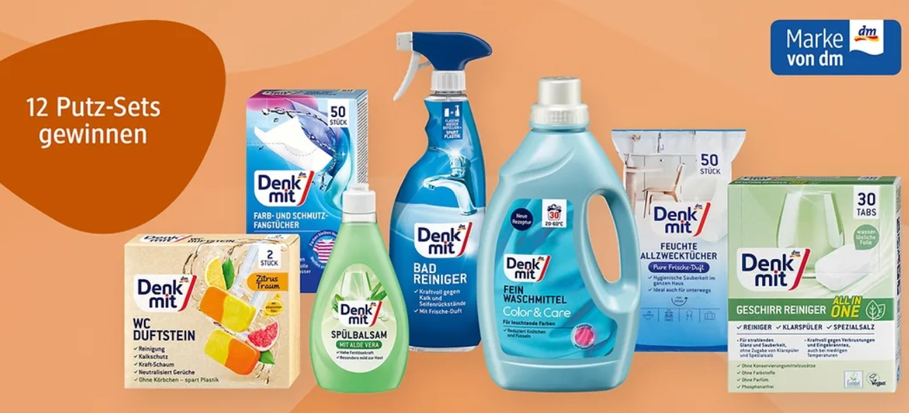 dm-drogerie markt - 12 x Putz-Set: Farb-/Schmutzfangtücher, Geschirrspül-Tabs und -Balsam, WC-Duftstein, feuchte Allzwecktücher, Badreiniger, Feinwaschmittel