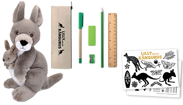 Häfft - drei Fanpakete zum Film "Lilly und die Kängurus". Jedes Paket besteht aus einm Känguru-Plüsch, einem Schreibset und einem Tattoo-Set.