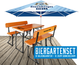 Starnberger Brauhaus - Biergartenset für zuhause besteht aus einem Sonnenschirm (2x2m) und einer Balkon-Biertischgarnitur im Starnberger Brauhaus Design