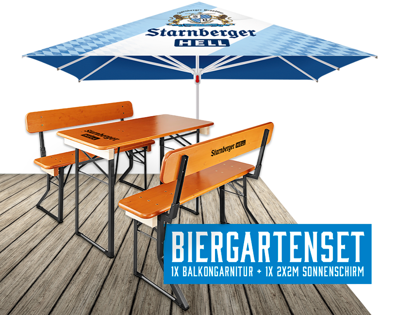 Starnberger Brauhaus - Biergartenset für zuhause besteht aus einem Sonnenschirm (2x2m) und einer Balkon-Biertischgarnitur im Starnberger Brauhaus Design