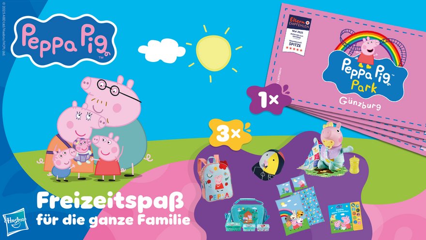 TOGGO Eltern - vier Tickets für den Peppa Pig Park in Günzburg oder eins von drei tollen Peppa Pig Fanpaketen