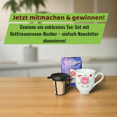 eckis-teetied - 1 x Tee-Becher mit Ostfriesenrosen-Motiv, 1 x hochwertiger Teefilter, 1 x aromatischer Ostfriesentee