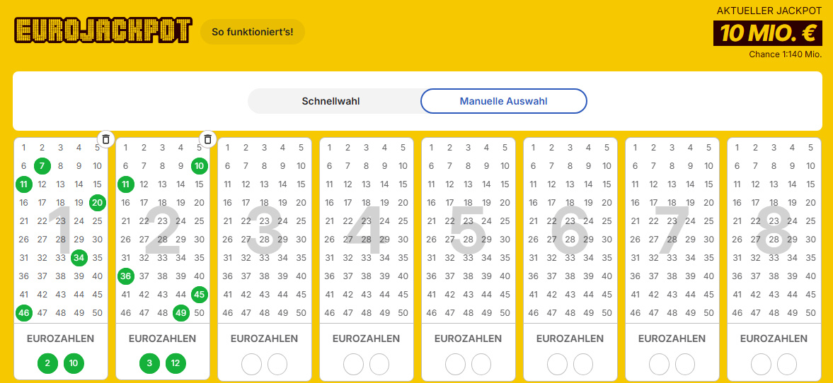 Lotto24: 10 Mio. € im Eurojackpot - 2 Felder für 0,20 € statt 5,20 € (Neukunden)