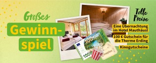 Raiffeisen-Waren - 1x Übernachtung im Doppelzimmer-Standard mit Bergblick inkl. Halbpension für 2 Personen im Gasthof Hotel Mauthäusl, 1x 100 € Gutschein für die Therme Erding,1x 2 Kinogutscheine fürs Cineplex